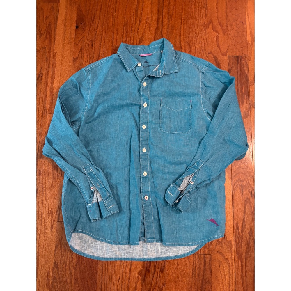 Tommy Bahama Blue Button Down 100% Linen Shirt Size Large